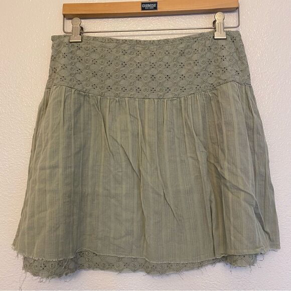 Fossil sage olive green lace eyelet bohemian cotton skirt- 6 Large - Picture 5 of 11